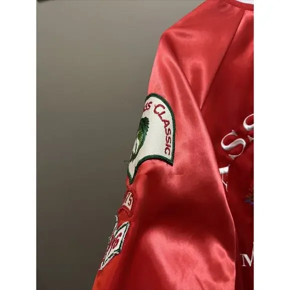Vintage 1980s BASS MASTERS Red Satin Bomber Jacket w/PatchS & Logo